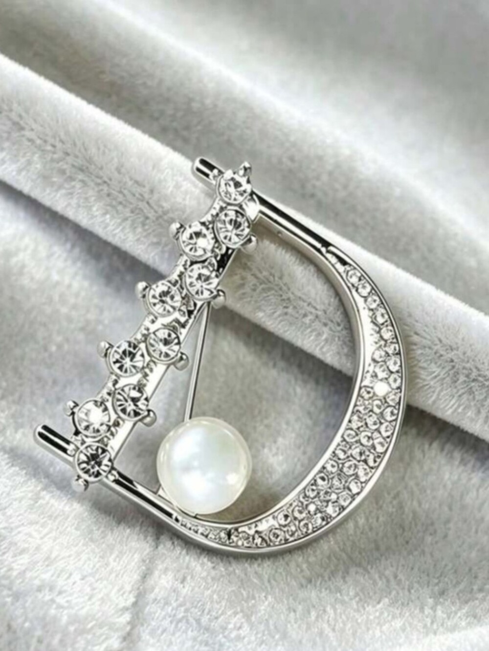 Fashion Jewelry Silver Pearl & Crystal Crescent Brooch